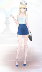 Rule 34 | 1girl, bare legs, bare shoulders, blonde hair, blue archive, blue eyes, blue footwear, blue skirt, bra strap, commentary, full body, highres, lily-of-ash, long hair, looking at viewer, miniskirt, off-shoulder shirt, off shoulder, pencil skirt, shirt, shoes, short sleeves, skirt, solo, standing, toki (blue archive), very long hair, white shirt