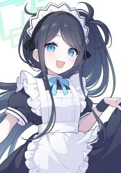 Rule 34 | 1girl, absurdly long hair, apron, aris (blue archive), aris (maid) (blue archive), black dress, black hair, blue archive, blue eyes, blush, dress, frilled apron, frills, green halo, halo, hayamaro65, highres, long hair, looking at viewer, maid, maid apron, maid headdress, official alternate costume, open mouth, puffy short sleeves, puffy sleeves, short sleeves, side ponytail, simple background, smile, solo, very long hair, white apron, white background