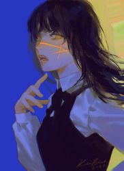 Rule 34 | 1girl, artist name, black bow, black bowtie, black dress, black hair, blue background, blue shirt, bow, bowtie, breasts, chainsaw man, collared shirt, commentary request, dated, dress, fingernails, hand up, highres, keibleh, long fingernails, long hair, long sleeves, looking at viewer, medium breasts, multicolored background, open mouth, orange eyes, pinafore dress, puffy long sleeves, puffy sleeves, scar, scar on face, shirt, sleeveless, sleeveless dress, solo, teeth, tongue, yellow background, yoru (chainsaw man)