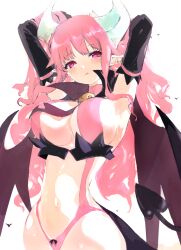 1girl arms_up blush breasts cleavage commentary demon_girl demon_tail demon_wings disgaea eyelashes highres horns kakuwashi large_breasts licking_lips long_hair looking_at_viewer makai_senki_disgaea narrow_waist navel pink_eyes pink_hair pointy_ears revealing_clothes slit_pupils solo succubus_(disgaea) tail tongue tongue_out underboob white_background wings