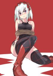 Rule 34 | 10s, 1girl, angry, arms behind back, bdsm, blush, bondage, boots, bound, breasts, chaika bogdan, earrings, eyebrows, furrowed brow, hairband, halterneck, head tilt, hitsugi no chaika, jewelry, lolita hairband, purple eyes, red background, red footwear, regu (reg95), rope, short hair, sideboob, silver hair, sitting, solo, swimsuit, thighhighs, wavy mouth