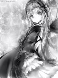 Rule 34 | 1girl, bad id, bad pixiv id, closed mouth, dress, frilled hairband, frills, from side, gothic lolita, greyscale, hair ribbon, hairband, highres, lolita fashion, long hair, long sleeves, looking at viewer, looking to the side, monochrome, nanashi (nlo), ribbon, rozen maiden, solo, suigintou, wide sleeves