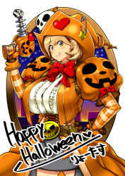 Rule 34 | 10s, 1girl, :q, belt, breasts, brown eyes, brown hair, energy gun, fingerless gloves, gloves, halloween, hand on own hip, happy halloween, hat, heart, jack-o&#039;-lantern, konakona, large breasts, matching hair/eyes, narusawa ryouka, occultic;nine, ray gun, safety pin, short hair, simple background, skull, smile, solo, tongue, tongue out, weapon, white background, witch hat