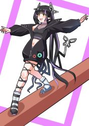 Rule 34 | 1girl, balance beam, balancing, black footwear, black hair, black jacket, black ribbon, black shirt, blunt bangs, blush, boots, breasts, cleavage, commentary request, crop top, demon girl, demon horns, demon tail, full body, highres, horns, jacket, kojo anna, kojo anna (1st costume), leg ribbon, long hair, long sleeves, looking afar, medium breasts, midriff, multicolored footwear, multicolored hair, nanashi inc., navel, open clothes, open jacket, open mouth, pointy ears, purple hair, ribbon, robou no stone, see-through, see-through cleavage, see-through shirt, shirt, sleeveless, sleeveless shirt, solo, sugar lyric, tail, twintails, two-tone hair, very long hair, virtual youtuber, white footwear, yellow eyes, zipper
