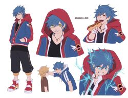 Rule 34 | 2boys, artist name, black pants, black skirt, blonde hair, blue eyes, blue hair, blue hoodie, blue jacket, braid, chili dog, collared shirt, earrings, electricity, fingerless gloves, food, gloves, green eyes, hallsth-eien, highres, holding, holding food, hood, hoodie, hoop earrings, humanization, jacket, jewelry, multicolored clothes, multicolored jacket, multiple boys, multiple views, necklace, open clothes, open jacket, pants, red footwear, red jacket, shirt, shoes, simple background, skirt, smile, sonic (series), sonic the hedgehog, tails (sonic), two-tone hoodie, two-tone jacket, white hoodie