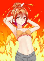 Rule 34 | 10s, 1girl, armpits, arms up, cure sunny, eyelashes, fiery background, fire, flat chest, hair bun, hair ornament, hairpin, hino akane (smile precure!), midriff, navel, orange background, orange theme, precure, red eyes, red hair, short hair, shorts, single hair bun, smile precure!, solo, sonyntendo