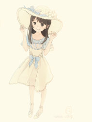 Rule 34 | 1girl, ankle strap, bad id, bad tumblr id, beige background, beige dress, beige footwear, beige hat, blue bow, bow, brown eyes, brown hair, closed mouth, dress, hands on headwear, hands up, hat, hat bow, head tilt, highres, kokudou juunigou, long hair, looking at viewer, original, shoes, short sleeves, signature, simple background, smile, solo, standing, translation request, white hat, wide sleeves