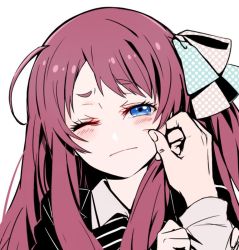 Rule 34 | 1girl, 1other, ahoge, arm grab, blue eyes, blush, bow, cheek pinching, closed mouth, da huang, disembodied hand, frown, hair bow, long hair, long sleeves, looking at viewer, minamoto sakura, one eye closed, pinching, portrait, red hair, simple background, solo focus, tearing up, white background, zombie land saga