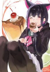 Rule 34 | 1girl, absurdres, animal ears, black choker, black hair, black jacket, black pantyhose, blue archive, blush, cherry, choker, commentary, doughnut, eating, food, fruit, halo, highres, holding, holding food, hood, hood down, hooded jacket, jacket, kazusa (blue archive), long sleeves, looking at viewer, multicolored hair, one eye closed, pantyhose, pink hair, pudding, red eyes, sadan1317, sitting, skirt, solo, symbol-only commentary, white skirt