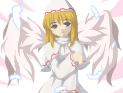 Rule 34 | 1girl, blonde hair, blush, brown eyes, capelet, covering chest, covering crotch, covering privates, dress, feathers, female focus, fukaiton, hat, lily white, smile, solo, touhou, white dress, white feathers, white hat, wings