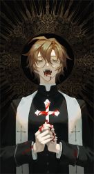 Rule 34 | 1boy, ahoge, blood, blood in mouth, blood on clothes, blood on face, blood on hands, blue eyes, brown hair, check copyright, copyright request, cross, dosol, fangs, forever 7th capital, glasses, hair between eyes, highres, holding, holding cross, male focus, open mouth, own hands together, priest, round eyewear, slit pupils, solo, tongue, tongue out, turtleneck, upper body, vampire, yellow-framed eyewear