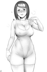 Rule 34 | 1girl, :d, blush, breasts, cleavage, colored skin, covered erect nipples, creatures (company), game freak, greyscale, groin, half-closed eyes, highleg, highleg leotard, highres, ikuchan kaoru, lana&#039;s mother (pokemon), large breasts, leotard, looking at viewer, mature female, monochrome, multicolored skin, nintendo, open mouth, pokemon, pokemon (anime), pokemon sm (anime), smile, solo, thick thighs, thighhighs, thighs