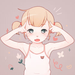 Rule 34 | armpits, blonde hair, blue eyes, blush, child, collarbone, fang, flower, hair tie, heart, highres, looking at viewer, monchichiwa, open mouth, original, portrait, shirt, short hair, short twintails, sleeveless, tank top, twintails, white shirt