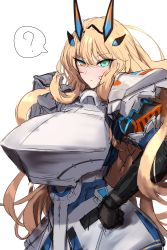 Rule 34 | 1girl, armor, blonde hair, boobplate, breastplate, breasts, barghest (fate), barghest (first ascension) (fate), fate/grand order, fate (series), faulds, gauntlets, green eyes, highres, horns, large breasts, long hair, looking at viewer, pauldrons, shiroshisu, shoulder armor, solo