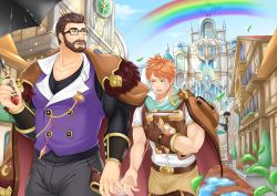 Rule 34 | 2boys, absurdres, age difference, bara, beard, black-framed eyewear, black pants, blush, book, brown pants, bulge, castle, coat, coat on shoulders, couple, facial hair, feet out of frame, fresuke sanc, glasses, gyee, holding hands, highres, holding, holding book, huge filesize, large pectorals, looking at another, male focus, mature male, multiple boys, muscular, muscular male, orange hair, pants, pectoral cleavage, pectorals, plant, purple shirt, rainbow, shirt, short hair, thick thighs, thighs, toned, toned male, turing (gyee), vundo (gyee), water, yaoi
