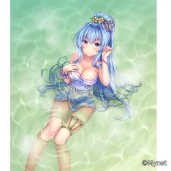 Rule 34 | 1girl, bare shoulders, bathing, blue eyes, blue hair, blush, breasts, cao (sanguko infinity), cleavage, feet out of frame, floral print, hair ornament, hand up, highres, large breasts, long hair, looking at viewer, official art, onsen, otosume ruiko, ponytail, sangoku infinity, scrunchie, sitting, smile, solo, towel, very long hair, water, wet, wrist scrunchie, wristband