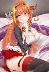 Rule 34 | 1girl, blush, bow, breasts, cleavage, cleavage cutout, clothing cutout, diagonal-striped bow, dragon girl, dragon horns, dragon tail, finger to cheek, hairband, highres, hololive, horns, kiryu coco, kiryu coco (1st costume), large breasts, looking back, on bed, orange hair, purple eyes, sitting, skindentation, solo, tail, thighhighs, thongch20976570, virtual youtuber