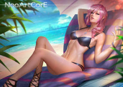Rule 34 | 10s, 1girl, asymmetrical hair, beach, beach chair, bikini, blue eyes, breasts, cleavage, day, final fantasy, final fantasy xiii, jewelry, lightning farron, looking at viewer, medium breasts, navel, necklace, neoartcore, ocean, palm tree, parted lips, pink hair, reclining, sandals, solo, swimsuit, tree, umbrella