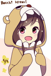 Rule 34 | 1girl, :d, animal costume, animal hood, bear costume, bear hood, blush, brown hair, character name, commentary request, dated, dot nose, hands up, happy, highres, hitori bocchi, hitoribocchi no marumaru seikatsu, hood, hood up, katsuwo (cr66g), long hair, looking at viewer, open mouth, pink background, red eyes, smile, solo, split mouth, two-tone background, white background