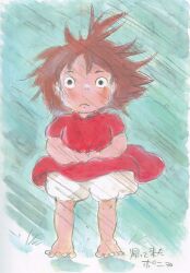 Rule 34 | 1girl, absurdres, barefoot, bloomers, brown hair, child, dress, feet, floating hair, full body, gake no ue no ponyo, highres, looking at viewer, miyazaki hayao, official art, ponyo, rain, red dress, scan, solo, traditional media, underwear
