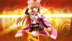 Rule 34 | 1girl, beatmania, beatmania iidx, breasts, cleavage, closed mouth, goli matsumoto, hair between eyes, hair ornament, headphones, large breasts, long hair, non-web source, official art, open mouth, orange eyes, orange hair, orange thighhighs, rabbit hair ornament, sidelocks, skirt, smile, solo, teeth, thighhighs, thighs, umegiri iroha, upper teeth only, v, very long hair