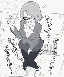 Rule 34 | 1girl, between legs, blush, book, bow, bowtie, breasts, breath, buttons, chalk, classroom, clenched teeth, closed eyes, collared shirt, crying, desk, ear blush, female focus, from above, full body, glasses, greyscale, hand between legs, hand up, have to pee, highres, holding, holding chalk, indoors, jacket, japanese text, jpeg artifacts, knees together feet apart, koizumi hanayo, long sleeves, love live!, medium breasts, miniskirt, monochrome, nose blush, nuruko (nuru55555), open book, pantyhose, pee, peeing, peeing self, pleated skirt, podium, puddle, school desk, school uniform, shirt, shoes, short hair, sidelocks, skirt, solo, speech bubble, standing, steam, swept bangs, tears, teeth, translation request, trembling