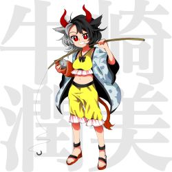 Rule 34 | 1girl, animal ears, animal print, black footwear, black hair, chain, commentary request, cow ears, cow girl, cow horns, cow print, cow tail, crop top, fishing rod, frilled shorts, frills, full body, grey hair, grin, haori, harukawa moe (style), highres, horns, japanese clothes, keiki8296, looking at viewer, midriff, multicolored hair, navel, red horns, red tail, sandals, shorts, smile, solo, split-color hair, statue, tail, tank top, toenails, toes, touhou, two-tone hair, ushizaki urumi, yellow shorts, yellow tank top
