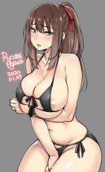Rule 34 | 1girl, agawa ryou, areola slip, artist name, between legs, bikini, black bikini, blush, breast hold, breasts, brown hair, cleavage, commentary, covered erect nipples, curvy, dated, english commentary, front-tie bikini top, front-tie top, green eyes, grey background, hair ribbon, hand between legs, huge breasts, legs together, long hair, micro bikini, navel, original, ponytail, red ribbon, ribbon, side-tie bikini bottom, simple background, skindentation, solo, swimsuit, thick thighs, thighs, underboob, wet