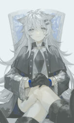 Rule 34 | 1girl, absurdres, animal ears, arknights, black capelet, black footwear, black gloves, black shorts, boots, capelet, chair, commentary, crossed legs, facing viewer, gloves, grey eyes, grey hair, hair ornament, hairclip, highres, lappland (arknights), lappland (refined horrormare) (arknights), long hair, looking at viewer, messy hair, miike (992058), on chair, parted lips, scar, scar across eye, shirt, shorts, sidelocks, simple background, sitting, smile, solo, white background, white shirt, wolf ears, wolf girl