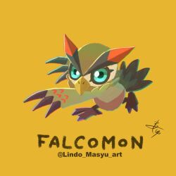 Rule 34 | 1other, claws, digimon, digimon (creature), falcomon, highres, other focus, simple background, solo, wings, yellow background