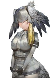Rule 34 | 10s, 1girl, aos, belt, bird tail, bodystocking, breast pocket, breasts, collared shirt, cowboy shot, feathers, fingerless gloves, gloves, grey hair, grey necktie, grey pantyhose, grey shorts, hair between eyes, head wings, kemono friends, large breasts, looking at viewer, necktie, pantyhose, pantyhose under shorts, pocket, shirt, shoebill (kemono friends), short sleeves, shorts, side ponytail, simple background, solo, standing, tail, twintails, white background, wings, yellow eyes