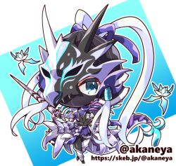 Rule 34 | akaneya, armor, black bodysuit, blue background, blue eyes, bodysuit, bug, butterfly, chibi, commission, dragon, dragon girl, dragon tail, dress, female focus, full body, full body suit, hands out, holding, holding sword, holding weapon, insect, long hair, looking at viewer, mask, mask on head, mask over one eye, mouth mask, purple skirt, skeb commission, skirt, sword, swordsoul (yu-gi-oh!), swordsoul of mo ye, tail, very long hair, weapon, whip sword, white hair, yu-gi-oh!