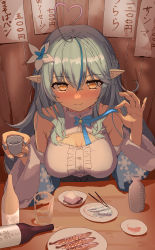 Rule 34 | 1girl, absurdres, ahoge, alcohol, armpit crease, blouse, blue coat, blue hair, blue nails, blue ribbon, blush, bottle, braid, breasts, chopsticks, cleavage, cleavage cutout, closed mouth, clothing cutout, coat, commentary, cup, fish, flower, food, french braid, fur-trimmed coat, fur trim, hair between eyes, hair flower, hair ornament, half updo, heart, heart ahoge, highres, holding, holding cup, hololive, light blue hair, long hair, looking at viewer, medium breasts, multicolored hair, nail polish, neck ribbon, off shoulder, open clothes, open coat, plate, pointy ears, pulling, restaurant, ribbon, sake bottle, shirt, shogyo kamo mujo, sitting, sleeveless, sleeveless shirt, smile, snowflake print, solo, spill, streaked hair, table, tofu, two-tone hair, underbust, upper body, virtual youtuber, white shirt, yellow eyes, yukihana lamy