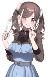 Rule 34 | 0-toki, 1girl, :q, belt, black ribbon, blue dress, blush, breasts, brown eyes, brown hair, dress, drill hair, earrings, eyes visible through hair, hair ornament, hairclip, highres, holding, idolmaster, idolmaster shiny colors, index finger raised, jewelry, long hair, looking at viewer, medium breasts, nail polish, neck ribbon, red nails, ribbon, see-through, see-through sleeves, sidelocks, simple background, sleeves past elbows, solo, sonoda chiyoko, tongs, tongue, tongue out, twin drills, twintails, upper body, white background