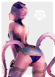 Rule 34 | 10s, 1girl, armor, ass, backless outfit, bad id, bad pixiv id, bare back, blue eyes, blue rose (tiger &amp; bunny), choker, earrings, flower, from behind, fujiwara ryo (wsise47), jewelry, karina lyle, lips, rose, short hair, silver hair, solo, tentacles, thighhighs, thorns, tiger &amp; bunny, zettai ryouiki