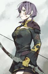 Rule 34 | 1girl, bernadetta von varley, blood, blood on clothes, blood on face, bow (weapon), earrings, fire emblem, fire emblem: three houses, highres, holding, holding weapon, jewelry, nintendo, purple eyes, purple hair, short hair, sleepyboy1007, weapon