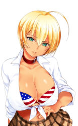 Rule 34 | 10s, 1girl, ahoge, american flag bikini, american flag print, bikini, blonde hair, breasts, cleavage, collar, flag print, front-tie top, green eyes, huge breasts, jyuru, light smile, looking at viewer, mito ikumi, navel, open clothes, open shirt, parted lips, plaid, plaid skirt, print bikini, shiny skin, shirt, shokugeki no souma, simple background, skirt, solo, swimsuit, tied shirt, white background
