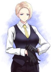Rule 34 | 1girl, anagumasan, black gloves, black vest, blonde hair, blue eyes, breasts, collared shirt, earrings, gloves, highres, jewelry, king (snk), long sleeves, medium breasts, necktie, ryuuko no ken, shirt, short hair, snk, solo, the king of fighters, vest, white shirt, yellow necktie