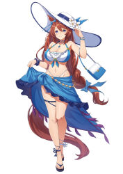 Rule 34 | 1girl, alternate costume, animal ears, bare shoulders, bikini, blue bow, blue eyes, blue shawl, bow, bracelet, braid, braided ponytail, breasts, brown hair, cleavage, commentary request, ear bow, full body, grin, hair between eyes, hat, horse ears, horse girl, horse tail, jewelry, large breasts, long hair, necklace, sandals, scrunchie, shawl, simple background, smile, solo, sun hat, super creek (umamusume), swimsuit, tail, thigh strap, toes, umamusume, unfinished, very long hair, vococo, white background, white hat, wrist scrunchie