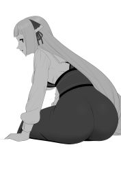 Rule 34 | 1girl, absurdres, ass, blunt bangs, blush, dress, from behind, greyscale, highres, huge ass, long hair, long sleeves, looking back, momoko (shoutao), monochrome, open mouth, original, shoutao, sitting, solo, very long hair, white background