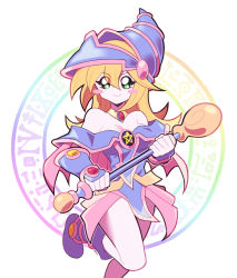 Rule 34 | 1girl, artsy-rc, bare shoulders, blonde hair, blue dress, blush stickers, boots, bracer, breasts, closed mouth, collar, commentary, dark magician girl, dress, english commentary, green eyes, hat, highres, holding, holding wand, long hair, looking at viewer, medium breasts, purple footwear, short dress, signature, smile, solo, standing, standing on one leg, wand, wizard hat, yu-gi-oh!
