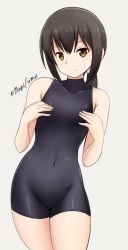 Rule 34 | 10s, 1girl, alternate costume, bare shoulders, black eyes, black hair, blush, bodysuit, brown eyes, closed mouth, collarbone, covered navel, covering privates, covering nipples, cowboy shot, flat chest, fubuki (kancolle), fuuma nagi, grey background, halterneck, kantai collection, leaning, light smile, long hair, looking at viewer, low ponytail, ponytail, sidelocks, simple background, skin tight, smile, solo, standing, thighs, turtleneck, twitter username, unitard