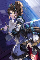 Rule 34 | 1girl, arm garter, blue eyes, blush, brown hair, comet (teamon), corset, detached sleeves, dog, dress, drill hair, earrings, flower, frills, hair ribbon, jewelry, lowres, pantyhose, ribbon, rose, solo, sword, sword girls, torn clothes, twintails, weapon
