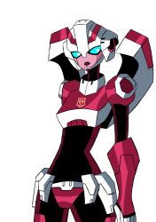 Rule 34 | 1girl, arcee, autobot, blue eyes, breasts, curvy, highres, humanoid robot, medium breasts, nicklunatique, panties, pink panties, red lips, robot, simple background, solo, transformers, transformers animated, underwear, white background