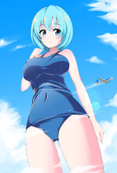 Rule 34 | 1girl, aircraft, airplane, aqua hair, arm at side, bare arms, bare legs, bare shoulders, blue eyes, blue hair, blue sky, blue one-piece swimsuit, blush, breasts, cameltoe, cloud, covered navel, cowboy shot, day, giant, giantess, green hair, highres, huge giantess, large breasts, looking at viewer, matching hair/eyes, one-piece swimsuit, original, outdoors, plant, school swimsuit, shima yuri ika, short hair, skin tight, sky, smile, solo, standing, summer, swimsuit