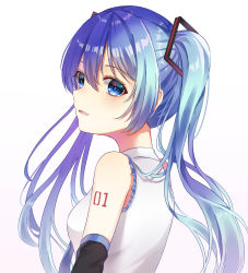 Rule 34 | 1girl, black sleeves, blue eyes, blue hair, blue necktie, blush, breasts, collared shirt, detached sleeves, frilled shirt, frills, gradient background, grey background, hair between eyes, hair ornament, hatsune miku, highres, hisui (sigurehisui), long hair, looking at viewer, looking to the side, necktie, parted lips, shirt, sleeveless, sleeveless shirt, small breasts, smile, solo, twintails, upper body, vocaloid, white background, white shirt