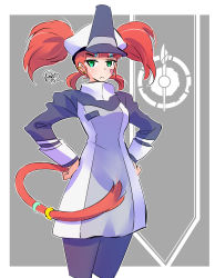 Rule 34 | 1girl, absurdres, cat tail, frown, green eyes, hat, highres, iesupa, military, military hat, military uniform, multicolored hair, neon katt, orange hair, rwby, solo, tail, twintails, uniform