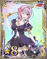 Rule 34 | 10s, 1girl, black thighhighs, breasts, bridal gauntlets, card (medium), cleavage, feathers, glasses, hair ornament, heart, heart hair ornament, holding, leg up, long hair, mole, mole on breast, neck garter, one eye closed, open mouth, purple eyes, purple hair, solo, staff, star (symbol), strea (sao), sword art online, thighhighs, white feathers
