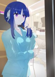Rule 34 | 1girl, absurdres, aquaplus, arm up, blue hair, blue pajamas, blush, breasts, closed mouth, commission, drying, drying hair, fingernails, from side, gradient eyes, gradient hair, hair lift, highres, ikahyde, ilfa (to heart), indoors, long sleeves, looking to the side, medium breasts, multicolored eyes, multicolored hair, pajamas, pale skin, purple eyes, robot, robot ears, robot girl, short hair with long locks, sidelocks, skeb commission, smile, solo, standing, to heart, to heart (series), to heart 2, upper body, wet, wet hair