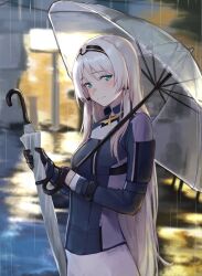 Rule 34 | 3 small spiders, absurdres, an-94 (girls&#039; frontline), aqua eyes, aqua hair, black gloves, girls&#039; frontline, gloves, headband, highres, holding, holding umbrella, long hair, looking at viewer, rain, smile, solo, tactical clothes, umbrella